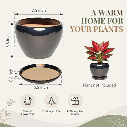 7.5 Inch Ceramic Plant Pot with Drainage Hole Mesh Net,Modern Gardening Pots for Indoor Plants with Saucer, Black