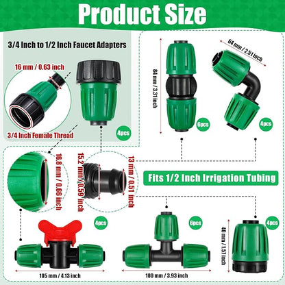 28 Pcs 1/2 Inch Drip Irrigation Fittings Kits,Drip Hose Connector for 1/2" Irrigation Tubing(1/2" ID x0.6-0.63"OD) with 6 Tees,6 Couplings,4 Switch Valves,4 End Cap, 4 Elbows,4 Faucet Adapter