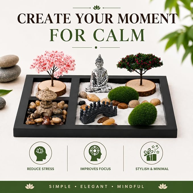 Zen Garden for Desk - Mini Tabletop Zen Garden with Buddha Decor | Black tray with Buddha, bridge, moss & pebbles. Decorative Zen display for office desks, shelves, meditation & home décor.