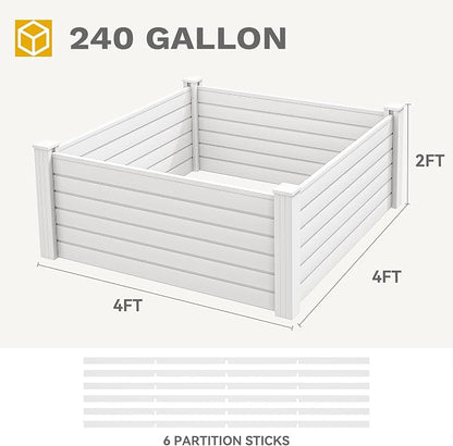 DWVO 4 x 4 x 2 FT Raised Garden Bed, Outdoor Vinyl Flower Bed with Growth Grid, Large Plastic Planter Box for Vegetables, Flowers, Herbs, Fruits, White