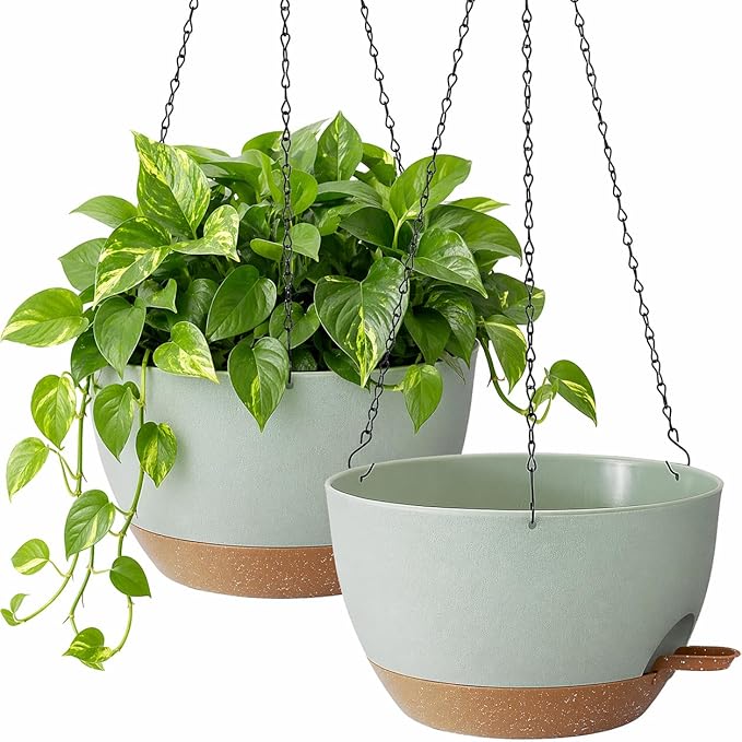 TYMENSH Hanging Plant Pots 12 Inch Set of 2, Self Watering Hanging Planters with Drainage Holes, Removable Saucer, Durable Plastic Flower Pots with Chains for Indoor Outdoor Plants, Green