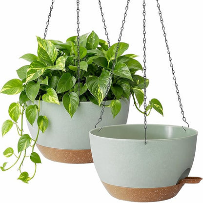 TYMENSH Hanging Plant Pots 12 Inch Set of 2, Self Watering Hanging Planters with Drainage Holes, Removable Saucer, Durable Plastic Flower Pots with Chains for Indoor Outdoor Plants, Green