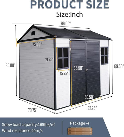 PVWIIK 8x6 ft Resin Outdoor Storage Shed with Floor & Window, Lockable Waterproof All-Weather Utility Shed for Garden Tools & Trash Bins, Black-White