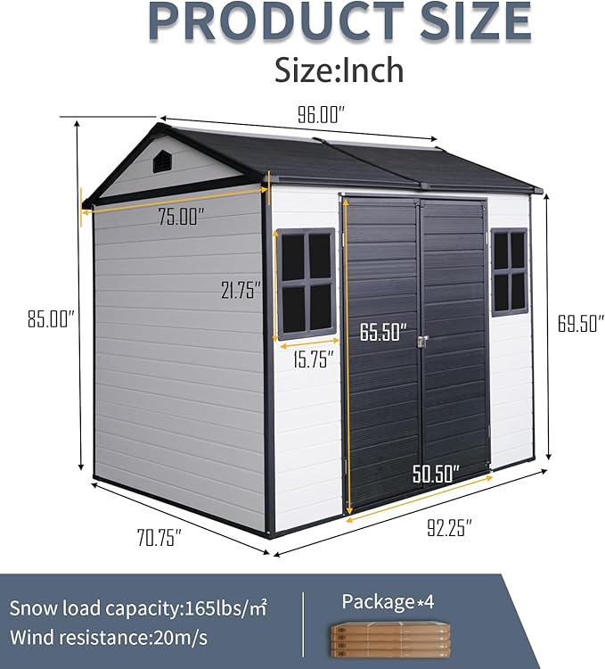 Ball & Cast 8x6 FT Resin Outdoor Storage Shed,Waterproof Garden Organizer Tool House with Floor & Two Windows,Backyard Cabinet w/Lockable Door and 2 Ventilation,Shelter for Car,Lawnmower,Grey+White