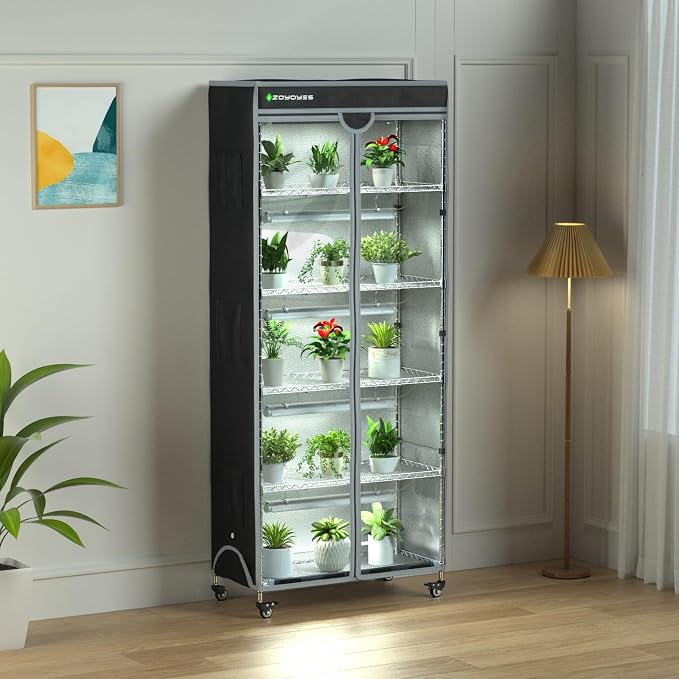 Indoor Greenhouse 6-Tier Plant Rack with Cover & 5 T8 Grow Lights | Thermometer & Timer – Seedlings, Flowering, Herbs & Vegetables, Indoor Gardening, Easy Assembly 30"W x 14"D x 72"H