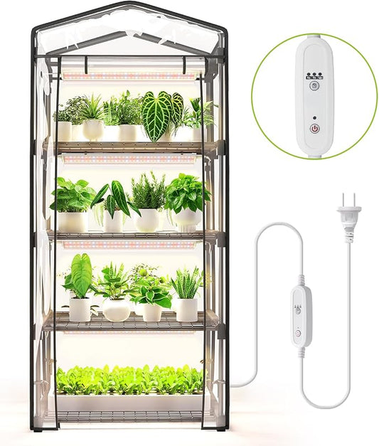 Indoor Greenhouse with Grow Light, 4 Tier, 1.6FT 80W Full Spectrum Grow Light with Timer, Portable Plant Shelves with Waterproof PVC Cover for Seed Starting, 26.4L X 19W X 61H