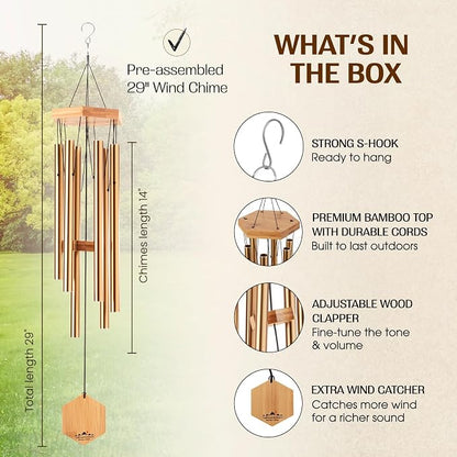 Bronze Wind Chimes for Outside, 29 Inch Hand Tuned G Major Pentatonic Wind Chime, Memorial Sympathy Gift for Loss of Loved One, Deep Tone Aluminum Bamboo Garden Patio Porch Decor