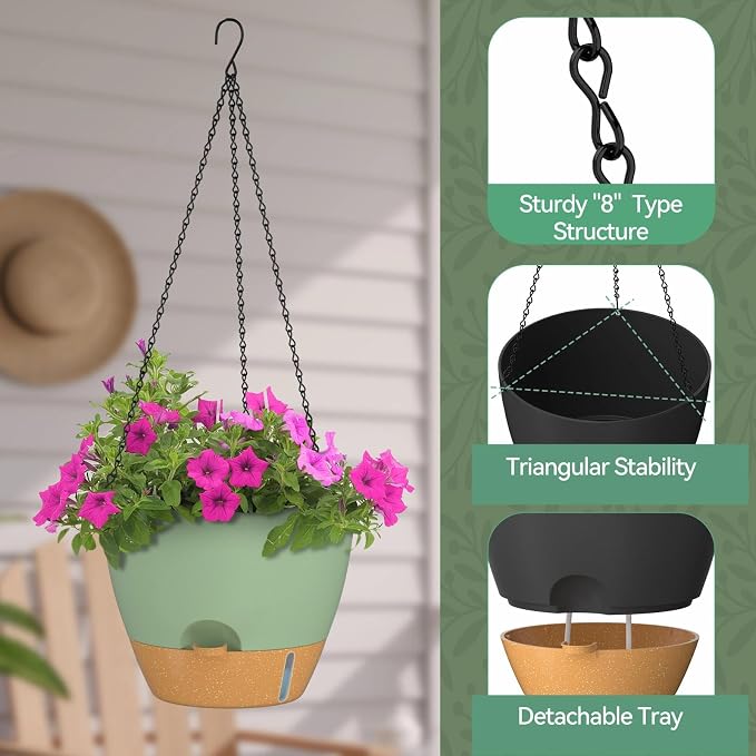 ZMTECH 12 Inch Large Self Watering Hanging Planters for Indoor Outdoor Plants - Water Level Indicator & Removable 60 Oz Reservoir, 1 Pack Plastic Hanging Basket for Window Porch Garden Balcony, Green