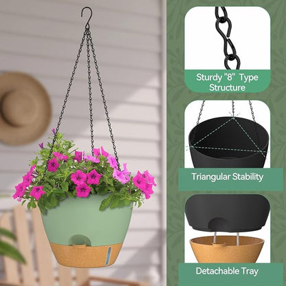 ZMTECH 12 Inch Large Self Watering Hanging Planters for Indoor Outdoor Plants - Water Level Indicator & Removable 60 Oz Reservoir, 1 Pack Plastic Hanging Basket for Window Porch Garden Balcony, Green