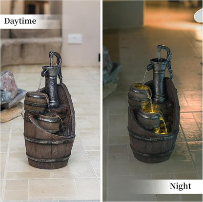 21.7" H Barrel Water Fountains Outdoor with LED Lights, Garden Fountains for Yard Patio Backyard Deck Decor