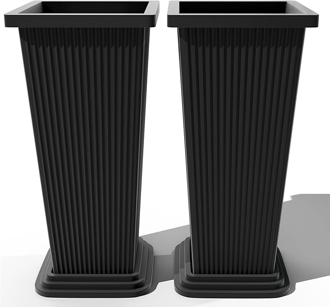 FENCY Set of 2 Tall Planters for Outdoor Plants, Black Ribbed | 24 Inch, with Drainage Hole & Trays, Plastic Tapered Pots, Weather-Resistant, Front Door Decor
