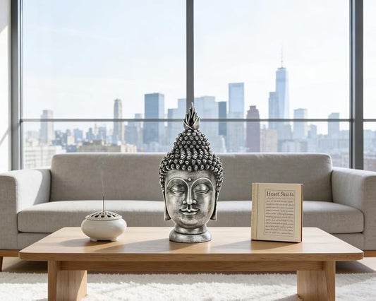 Buddha Head Statue Zen Meditation Decoration, 11 inch Resin Antique Silver Buddha Head Statue for Buddhist Spiritual Altar Decoration Buddhism Gifts
