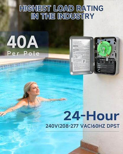 T104M Mechanical Pool Timer Switch Mechanism Only 208–277 V, 40 A, DPST | Suitable for pool pumps, cleaning pumps, HVAC fans, and water heaters. 12 on/off cycles daily; 5 years support.
