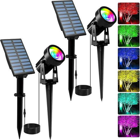 T-SUNUS Solar Spotlights Outdoor RGB, Color Changing Landscape Lights with 9.8ft Cable, IP65 Waterproof, Adjustable Solar Panel & Light, Auto On/Off for Yard Tree Pathway Driveway Christmas (2 Pack)
