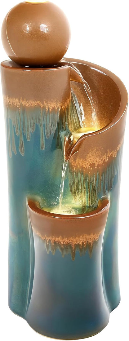 32" Ceramic Outdoor Water Fountain w/LED, Teal & Copper Water Feature | high-fired ceramic water fountain outdoor garden decor, lighted cascading waterfall, tranquil oasis for patio, yard, porch