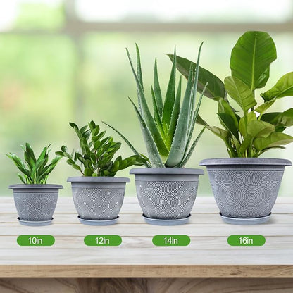 Fodetyff 12 Inch Large Planter Pot for Plants Indoor Outdoor, 4 Pack Plastic Flower Pots with Drainage Hole & Tray, Modern Decorative Garden Pot with Saucer, Plant Container for House
