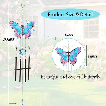 MUMTOP Butterfly Wind Chimes for Outside, Stained Glass Wind Chime Windchimes for Patio, Outdoor,Garden,Yard,Coastal,Window,Home Decor or Gifts for Women(Blue & Red)