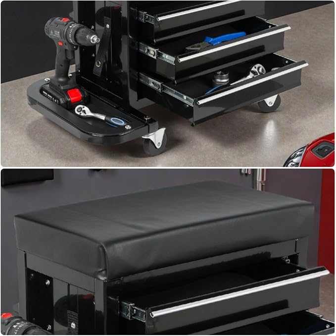 Tool Chest, 3-Drawers Rolling Tool Chest with 2 Foldable Side Trays & Screworivers Supports, Rolling Mechanic Seat with Seat Cushion for Workshop, Warehouse, Capacity 350lbs, Black