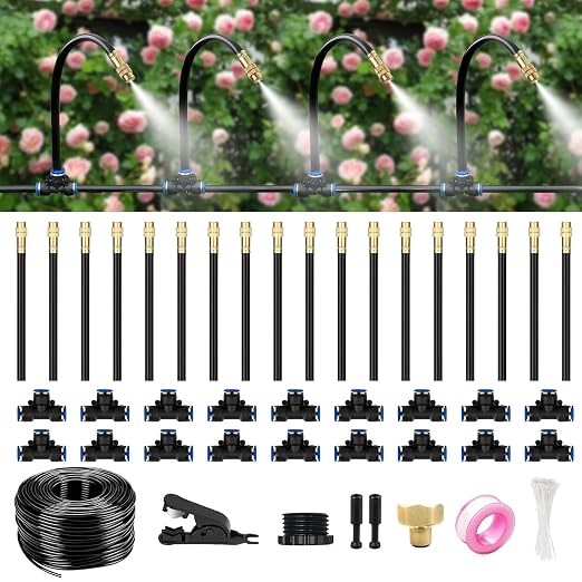 60FT Drip Irrigation System for Garden – Automatic Watering Kit with Solid Brass Metal Connectors, 360° Bendable Tubing &16 Adjustable Nozzles for Greenhouse, Lawn, Yard & Plants
