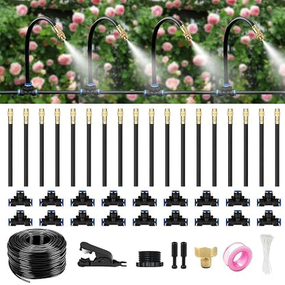 60FT Drip Irrigation System for Garden – Automatic Watering Kit with Solid Brass Metal Connectors, 360° Bendable Tubing &16 Adjustable Nozzles for Greenhouse, Lawn, Yard & Plants