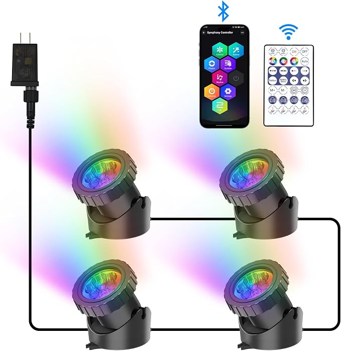 RGB Underwater Pond Lights, Super Bright LED Submersible Fountain Lighting Colored Landscape Spotlights, Bluetooth APP Control IP68 Waterproof for Fish Aquarium Tank Garden Yard Pool (Set of 4)