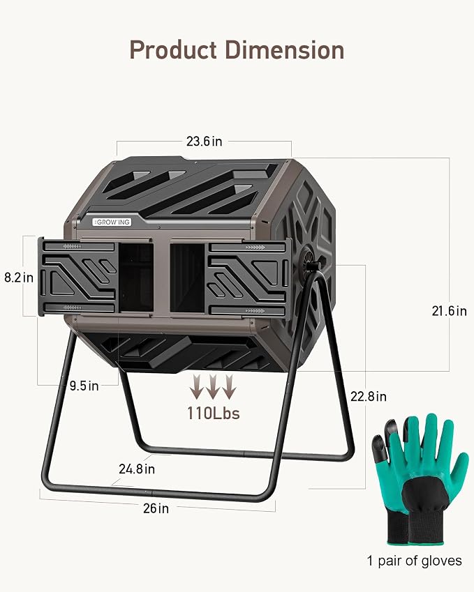 THE Growing 43 Gal Outdoor Compost Bin Tumbler for Backyard Garden, Brown | Twin 21.5gal chambers blend with landscapes. Pre-embedded nuts for fast setup. Durable resin deters pests and bad odors.