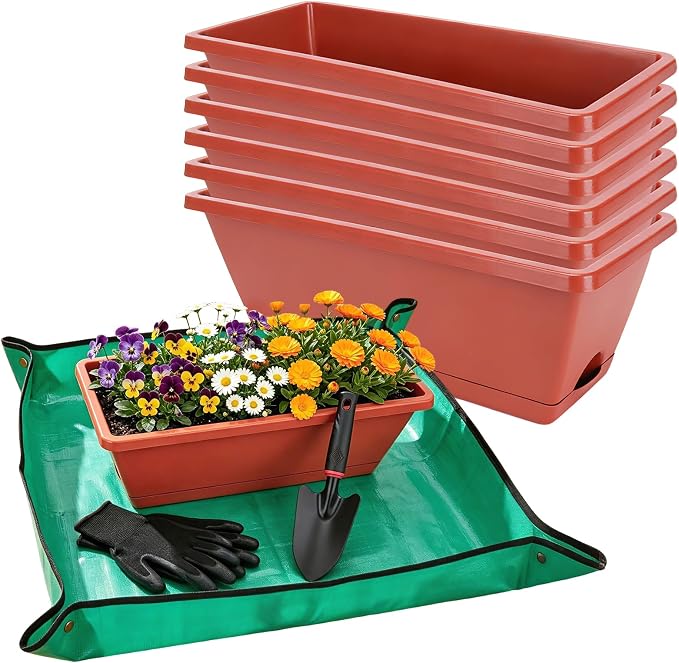 7 Pack Window Box Planters, 17 Inch Plastic Rectangular Flower Pots for Indoor/Outdoor Plants, Herbs, Vegetables, Includes Trowel, Waterproof Mat & Gloves (Brick-red)