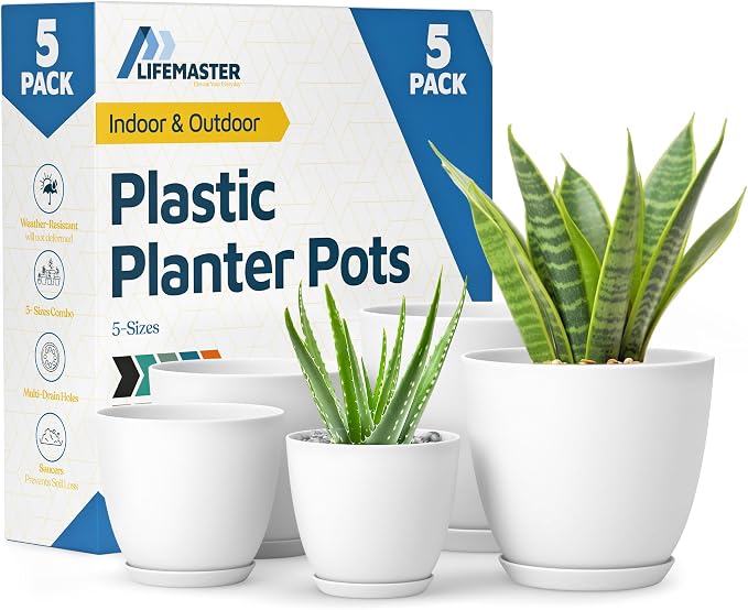 Lifemaster Eco Friendly Plant Pot Set -5-Pack Home Decor Flower Indoor and Outdoor Plastic Pots with Drainage Holes, Assorted Sizes (7", 6.6", 6", 5.3", 4.8") - Stackable Garden Versatile Planters