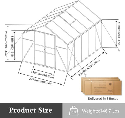 8x10 FT Greenhouse, Walk-in Outdoor Heavy Duty Polycarbonate Greenhouses with Aluminum Frame, High Headroom, UV Protection & Drainage System for Backyard All Season Growing, Black