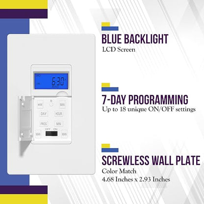 Enerlites 7 Days Digital in-Wall Programmable Timer Switch for Lights, Fans, with Blue Backlight, HET01, White, 5-Pack