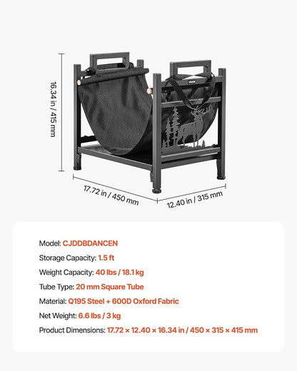 VEVOR Indoor Firewood Rack, 1.5 ft Curved Log Holder with Canvas Carrier, 40lb Weight Capacity Wood Storage Stand, Powder-Coated Steel Firewood Holder, Heavy Duty Wood Pile Stacker Rack for Fireplace