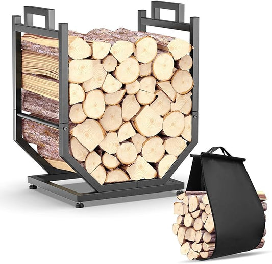 Firewood Rack, Indoor/Outdoor Firewood Holder with Firewood Carrier Bag, Thickened Metal Fireplace Log Holder with Adjustable Feet, Black