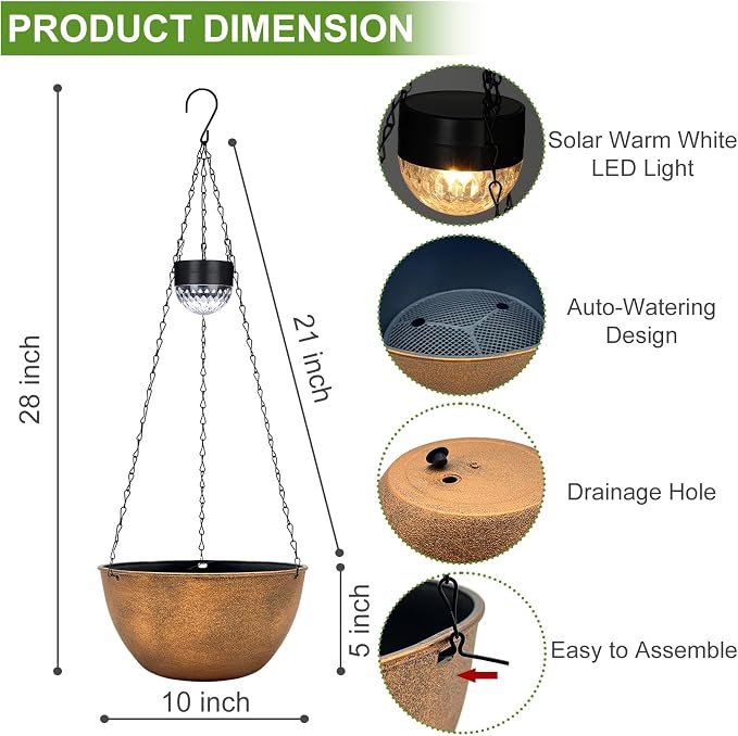 BAYN 2 Packs Solar Hanging Basket Planters for Plants Outdoor | Self Watering, Bronze Flower Pots with Solar Light , Hanging Planters with Drainer for Balcony Patio Garden Decoration