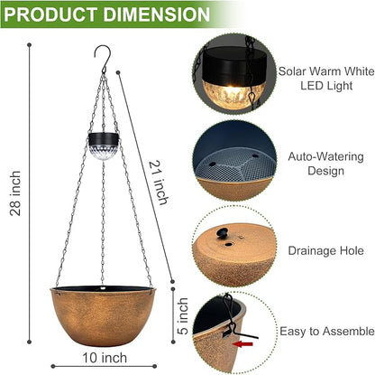 BAYN 2 Packs Solar Hanging Basket Planters for Plants Outdoor | Self Watering, Bronze Flower Pots with Solar Light , Hanging Planters with Drainer for Balcony Patio Garden Decoration