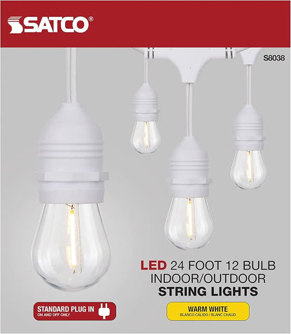 Satco S8038 LED Indoor/Outdoor String Lights, White, S14 Bulbs, 24 Feet (Pack of 1)