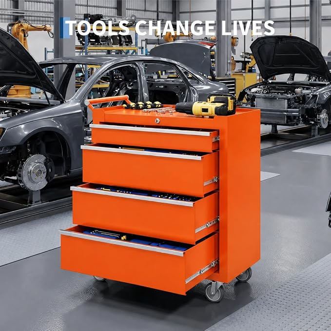 IDEALHOUSE Rolling Tool Chest, 5 Drawers Tool Storage Cabinet, Toolbox with Wheels, Portable Tool Cabinet Organizer with Locking System & Drawer Liners, Tool Storage Cart for Garage, Workshop, Orange