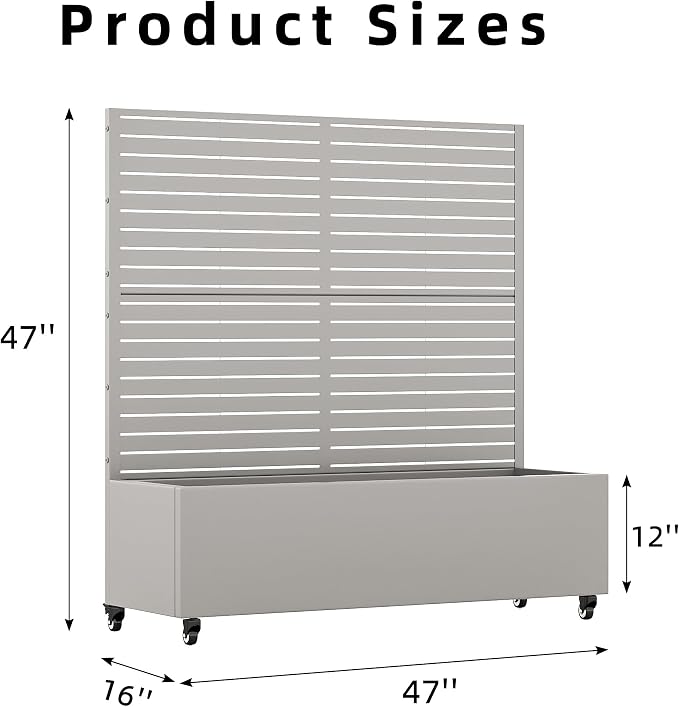 Casaphoria Metal Raised Garden Bed with Trellis and Wheels, 47"x47"x16" Planter Box for Climbing Plants, Vegetables & Vines, Features Drainage Holes and Privacy Screen (Grey-Louvered)