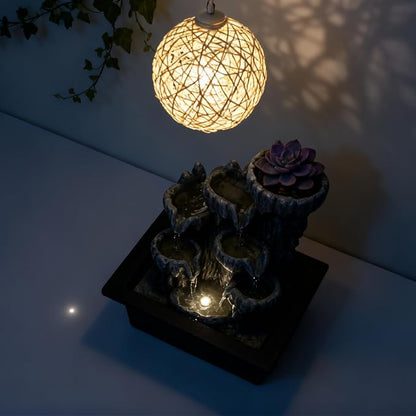 Indoor Cave Rock Waterfall Fountain with Warm Light,Tabletop Fountain with Planter Niche, Zen Water Feature for Home Office Desk Decor