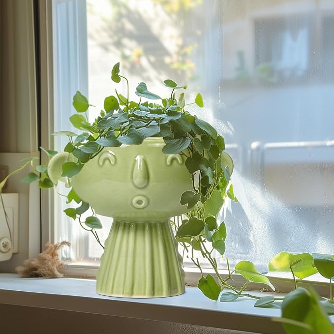 Face Planter Pot - 7 Inch Ceramic Head Planter for Indoor Plants Outdoor, Cute Succulent Flower Pots with Drainage Hole, Room Home Garden Decor, Gardening Gifts, Green