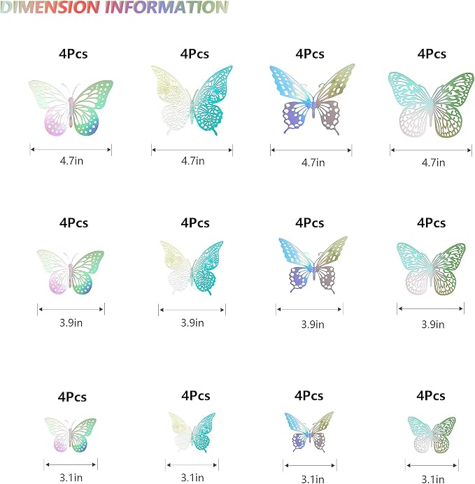 SAOROPEB 3D Butterfly Wall Decor - 48 Pcs, 4 Styles, 3 Sizes - Removable Stickers (Laser)