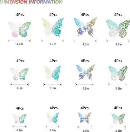SAOROPEB 3D Butterfly Wall Decor - 48 Pcs, 4 Styles, 3 Sizes - Removable Stickers (Laser)