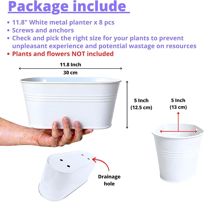 LaLaGreen Wall Planter (11.8 Inch, 8 Pack) White Oval Metal Pot Hanging Decor Flower Railing Fence Pots Mounted Indoor Plant Holder Porch Decorations Drainage Garden Plants Planters Balcony Home Yard