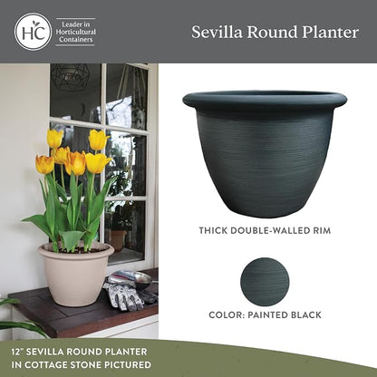 The HC Companies Sevilla Flower Planters - Durable Outdoor & Indoor Planter - Round Lightweight Self Watering Plant Pots for Herbs & More (12" Painted Black, Pack of 1)