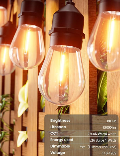 Svater Outdoor String Lights 200 FT, E26 Socket, 64pc S14 Shatterpoof Bulbs, 1 Watt Dimmable 2700K Warm White, IP65 Waterproof Commercial Grade Patio Light (4 Pack X 50FT)