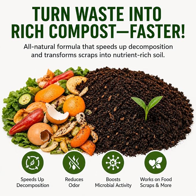 Dr. Connie’s Compost Plus – 100X Concentrated Starter & Accelerator | Natural Microbe Activator for Bins, Tumblers & Piles | Odor Control Garden Waste Additive (Indoor & Outdoor)