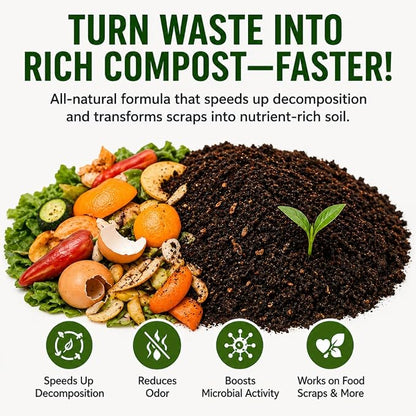 Dr. Connie’s Compost Plus – 100X Concentrated Starter & Accelerator | Natural Microbe Activator for Bins, Tumblers & Piles | Odor Control Garden Waste Additive (Indoor & Outdoor)