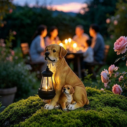 Afirst Solar Dog Statue Garden Decor- Outdoor Decor with Solar Lantern Lovely Labrador Mom with Baby Figurine Patio Lawn Yard Art Ornaments Housewarming Gift