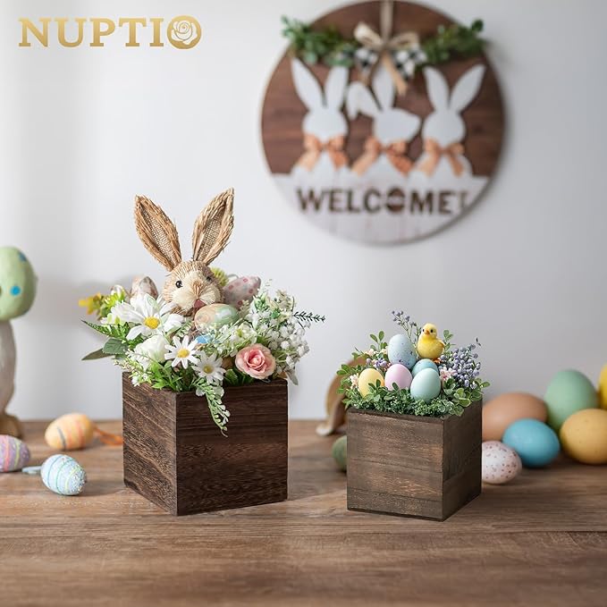 NUPTIO Wooden Box for Centerpiece Wedding: 12 Pcs Rustic Square Planter Box for Christmas Table Fall Decorations - 4×4" & 5×5" Small Wood Vases Flower Pots for Windowsill Home Garden Decor