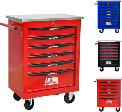 6-Drawer Rolling Tool Chest, Lockable Stainless Worktop for Garage, Red | Heavy Duty Metal Tool Cabinet with Drawers on Wheels for Warehouse and Workshop Storage