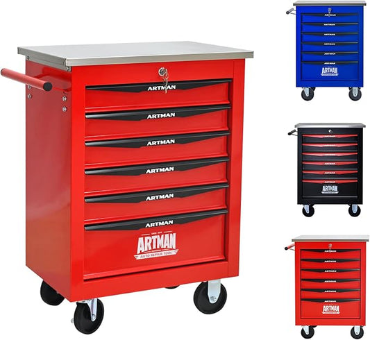 6-Drawer Rolling Tool Chest, Lockable Stainless Worktop for Garage, Red | Heavy Duty Metal Tool Cabinet with Drawers on Wheels for Warehouse and Workshop Storage